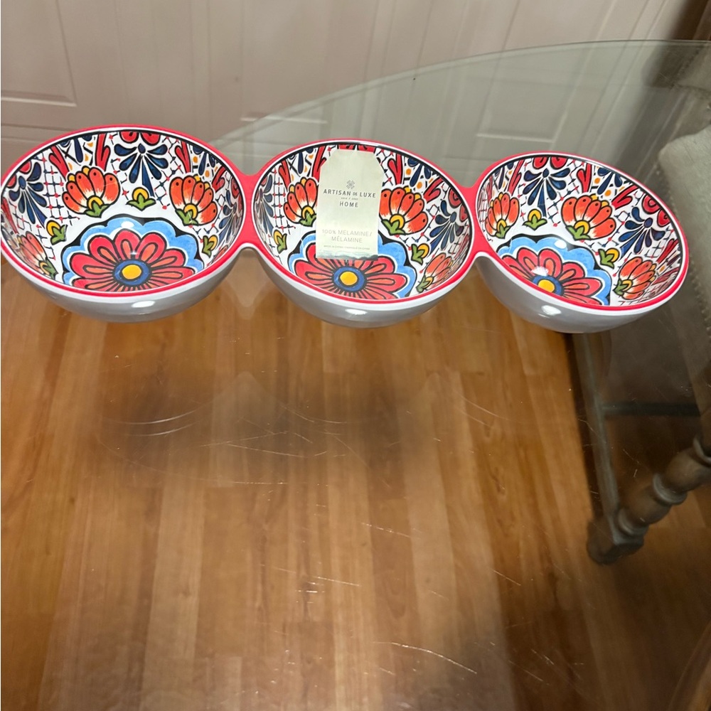Artisan Deluxe Red Spanish Mosaic MELAMINE Triple Condiment Snack Bowls 14.5” L